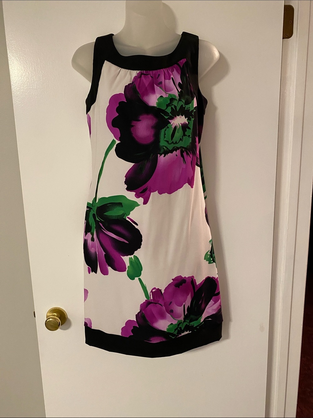 Sleeveless White Dress with Purple & Green Floral Print